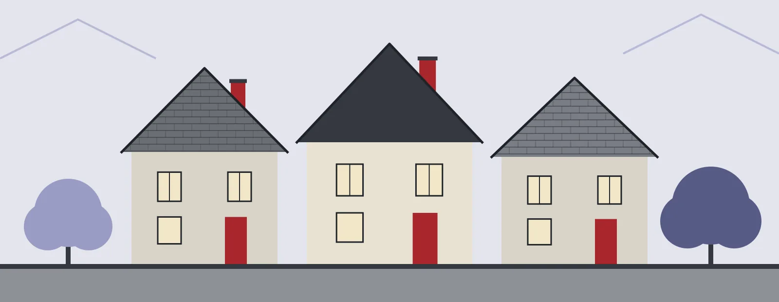 Illustration of a row of older two-story Toledo houses with steep shingle roofs and brick chimneys